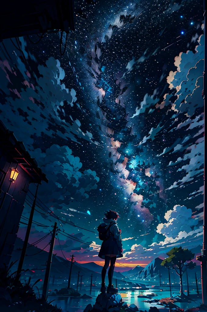 Anime girl standing on a rock looking at the star-filled sky, Makoto Shinkai Cyril Roland, anime art wallpaper 4k, anime art wallpaper 4k, Anime Art Wallpapers 8K, Space Sky. Por Makoto Shinkai, Inspired by Cyril Rolland, Not Dan Mumford-esque artwork., Amazing Paper Wallpaper, by Yuumei