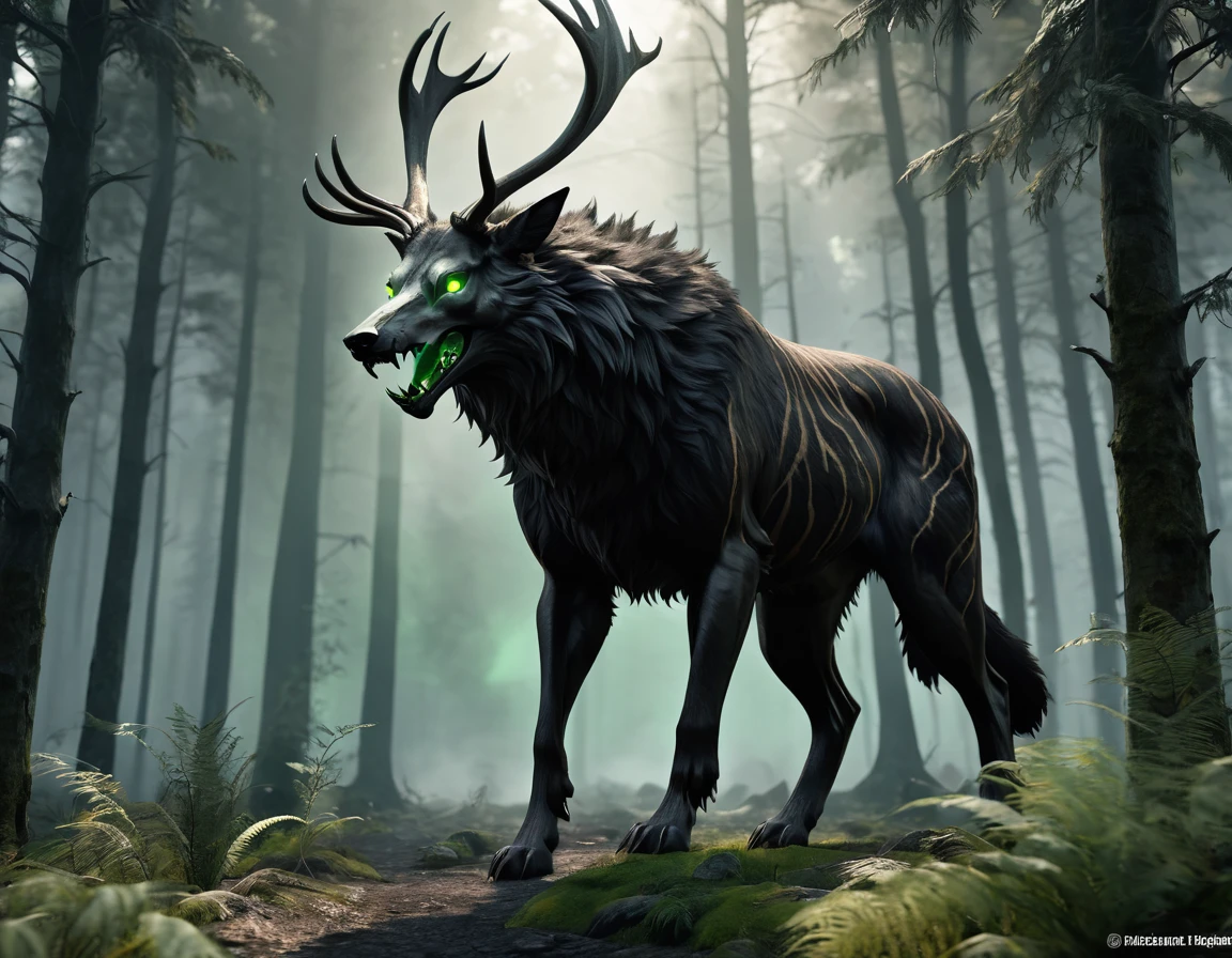 full body portrait of scary big black beast, feral, long legs, four legged, wolf tiger deer bear skull face, horns, antlers, deer, tiger, wolf, wendigo, bear, hybrid with beryl green eyes, black smoke off body, beryl green smoke from mouth, dark mysterious forest scenery, fantasy, dark fantasy, full body, cinematic, render, 8k, unreal engine, realistic, masterpiece, high detail, full body, low life, volumetric lighting