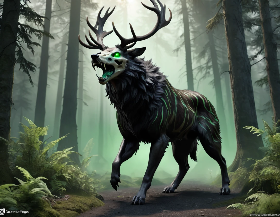 full body portrait of scary big black beast, feral, long legs, four legged, wolf tiger deer bear skull face, horns, antlers, deer, tiger, wolf, wendigo, bear, hybrid with beryl green eyes, black smoke off body, beryl green smoke from mouth, dark mysterious forest scenery, fantasy, dark fantasy, full body, cinematic, render, 8k, unreal engine, realistic, masterpiece, high detail, full body, low life, volumetric lighting