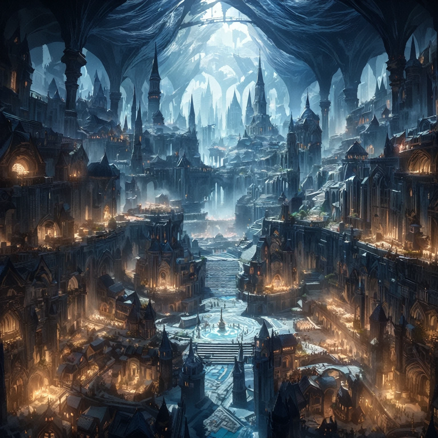 anime aestetics, anime scenery,( unerground city:2), medieval city, shining celling,( blue and grey colours: 2), mystic city, gothic architecture, multy leveled city, elden ring, dark fantasy, dnd, beautiful scenery, nokron, dim light, white candles, wide shot, from above, atmospheric perspective, perspective, highres, best quality, 8k, super detail, masterpiece