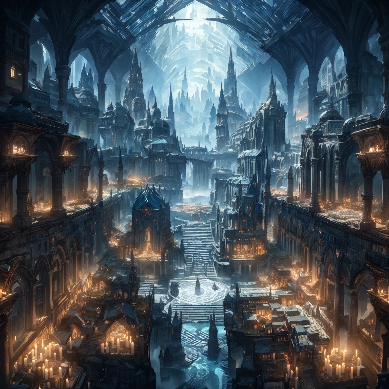 anime aestetics, anime scenery,( unerground city:2), medieval city, shining celling,( blue and grey colours: 2), mystic city, gothic architecture, multy leveled city, elden ring, dark fantasy, dnd, beautiful scenery, nokron, dim light, white candles, wide shot, from above, atmospheric perspective, perspective, highres, best quality, 8k, super detail, masterpiece