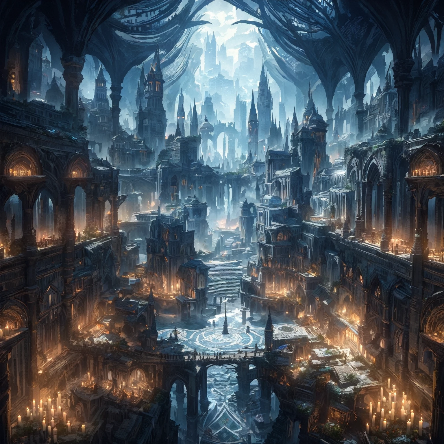 anime aestetics, anime scenery,( unerground city:2), medieval city, shining celling,( blue and grey colours: 2), mystic city, gothic architecture, multy leveled city, elden ring, dark fantasy, dnd, beautiful scenery, nokron, dim light, white candles, wide shot, from above, atmospheric perspective, perspective, highres, best quality, 8k, super detail, masterpiece