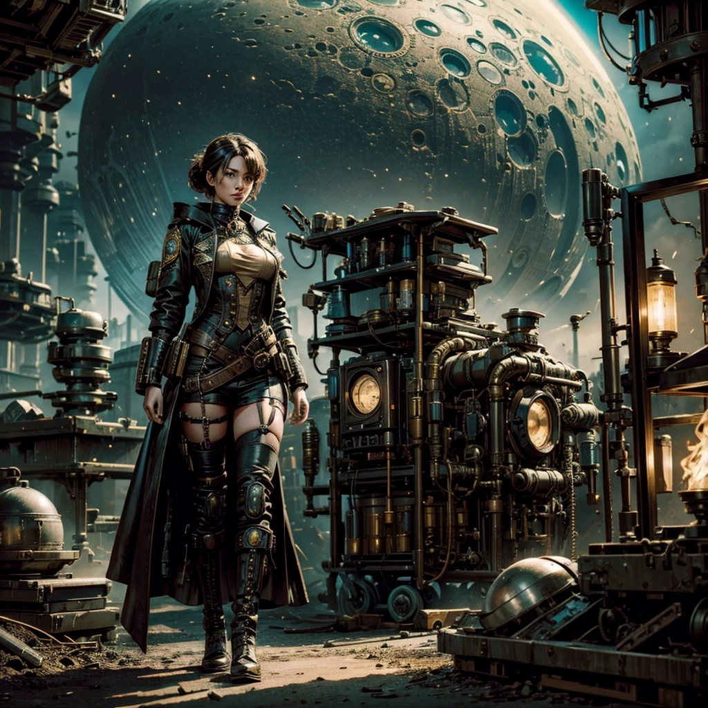 Detailing imagevof a steampunk futuristic military girl while in a planetary colony faces surreal aliens