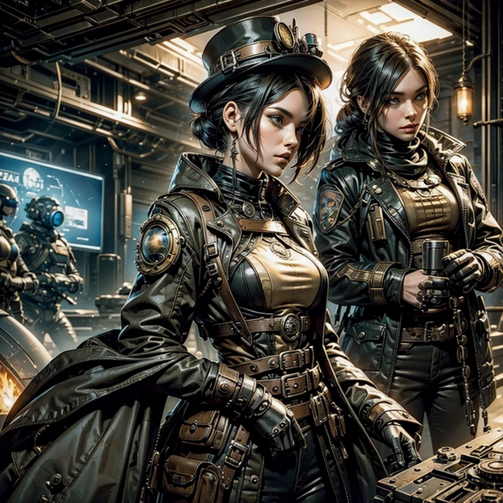Detailing imagevof a steampunk futuristic military girl while in a planetary colony faces surreal aliens