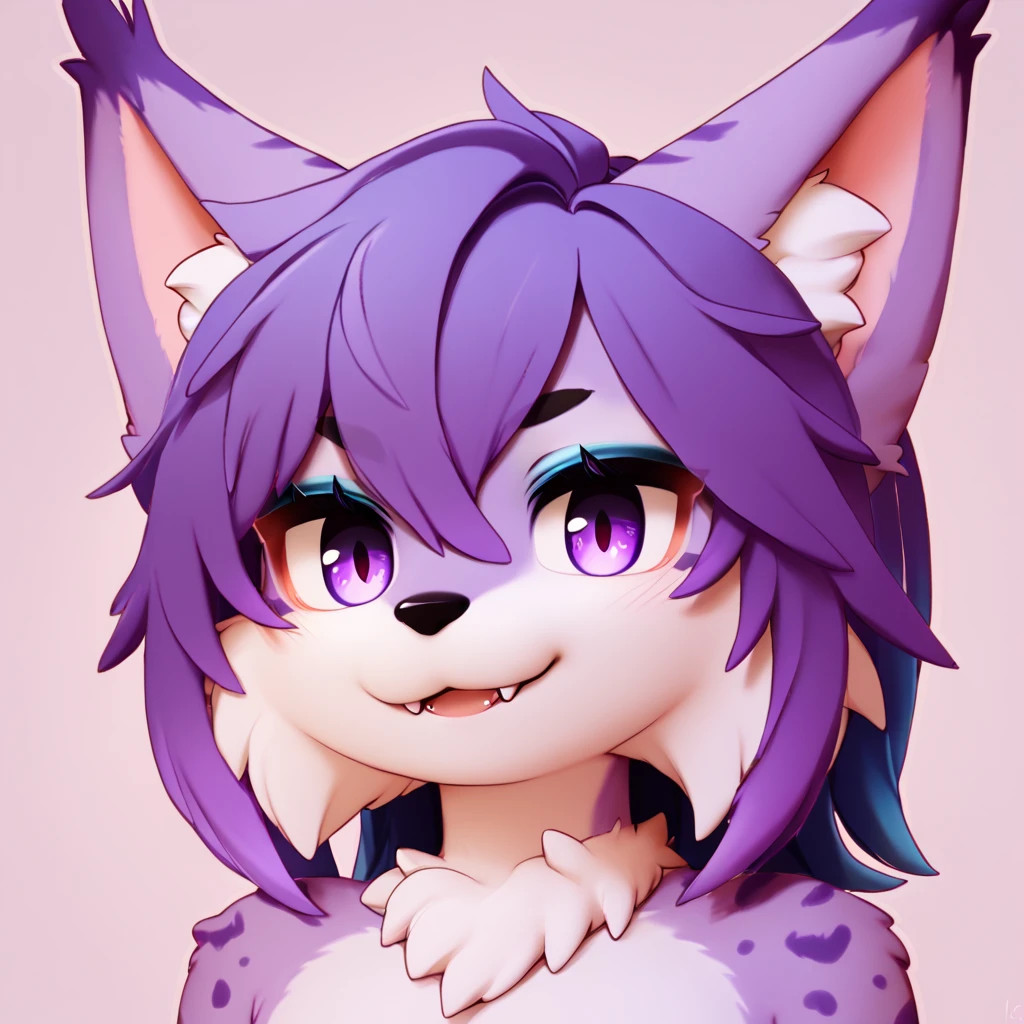 score_9,score_8_up,score_7_up,score_6_up,score_5_up,score_4_up, lynx, purple fur, purple eyes, anthro, blue hair, purple hair, eyeliner, eyelashes, black eyeshadow, furry art, tuft on cheeks, tuft on shoulders, male focus, femboy , cute fangs, kemono, shota, fluffy neck, icon portrait, showing teeth, (by nextel), 3d, blender software, nipples, avatar icon, no hands, long hair, hair color gradient, hair multiple colors,