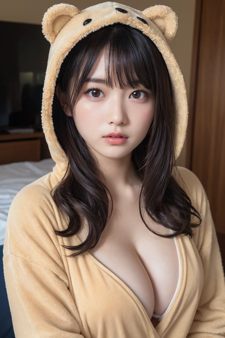 Em1lyW1ll1sV2-130, (Age 25), Long Hair, Modern photography, wear (bear costume), (Portraiture), Cute Bear Onesie Pajamas, Super soft light brown plush fabric, debtわdebtわフード, Cute bear hood, (35mm, debt/2.8) Photo debtocus, DOdebt, Aperture, Highly detailed and exquisite, character, Hypermaximalist, beautiful, reveal, Charm, Charm, Affectionate, Ultra-realistic, Very detailed, beautiful woman, ((Fine grain)), Long eyelashes, (Glossy Lips), in the her bed room, SFW、I can see her cleavage