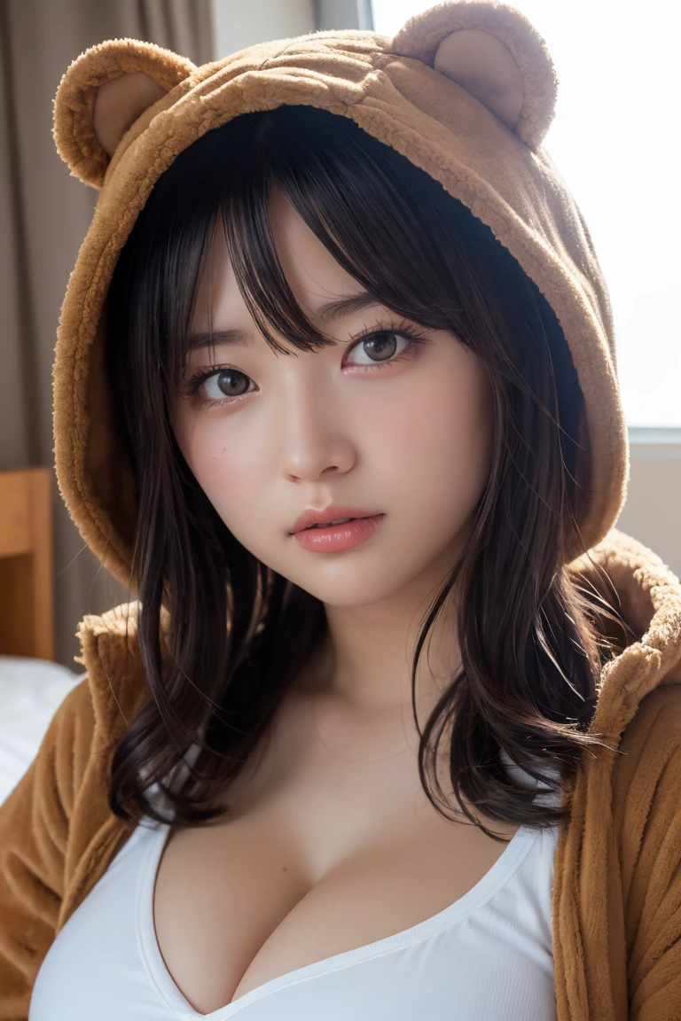 Em1lyW1ll1sV2-130, (Age 25), Long Hair, Modern photography, wear (bear costume), (Portraiture), Cute Bear Onesie Pajamas, Super soft light brown plush fabric, debtわdebtわフード, Cute bear hood, (35mm, debt/2.8) Photo debtocus, DOdebt, Aperture, Highly detailed and exquisite, character, Hypermaximalist, beautiful, reveal, Charm, Charm, Affectionate, Ultra-realistic, Very detailed, beautiful woman, ((Fine grain)), Long eyelashes, (Glossy Lips), in the her bed room, SFW、I can see her cleavage