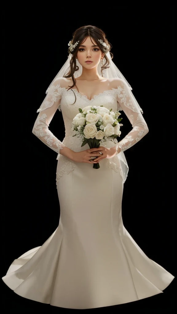 a beautiful girl, with bridal veil, and white wedding dress, with white bouquet of flowers in hand, with straight brown hair.