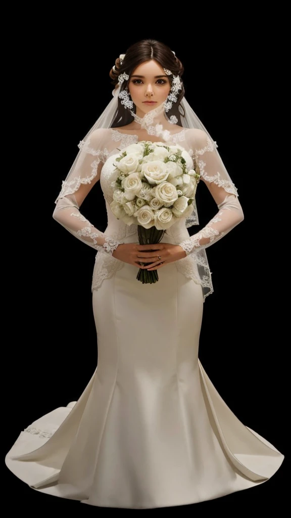a beautiful girl, with bridal veil, and white wedding dress, with white bouquet of flowers in hand, with straight brown hair.