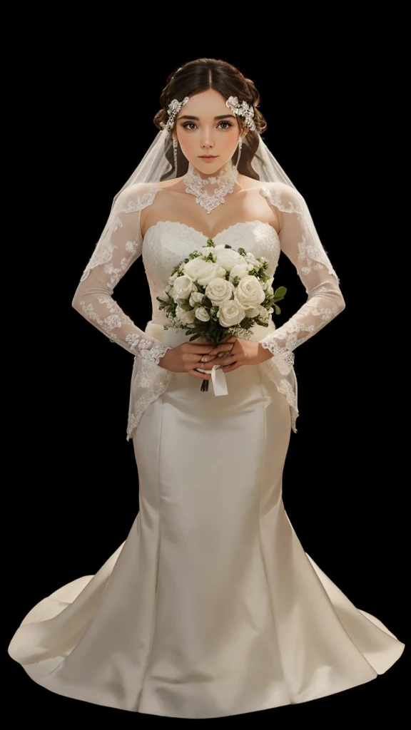 a beautiful girl, with bridal veil, and white wedding dress, with white bouquet of flowers in hand, with straight brown hair.