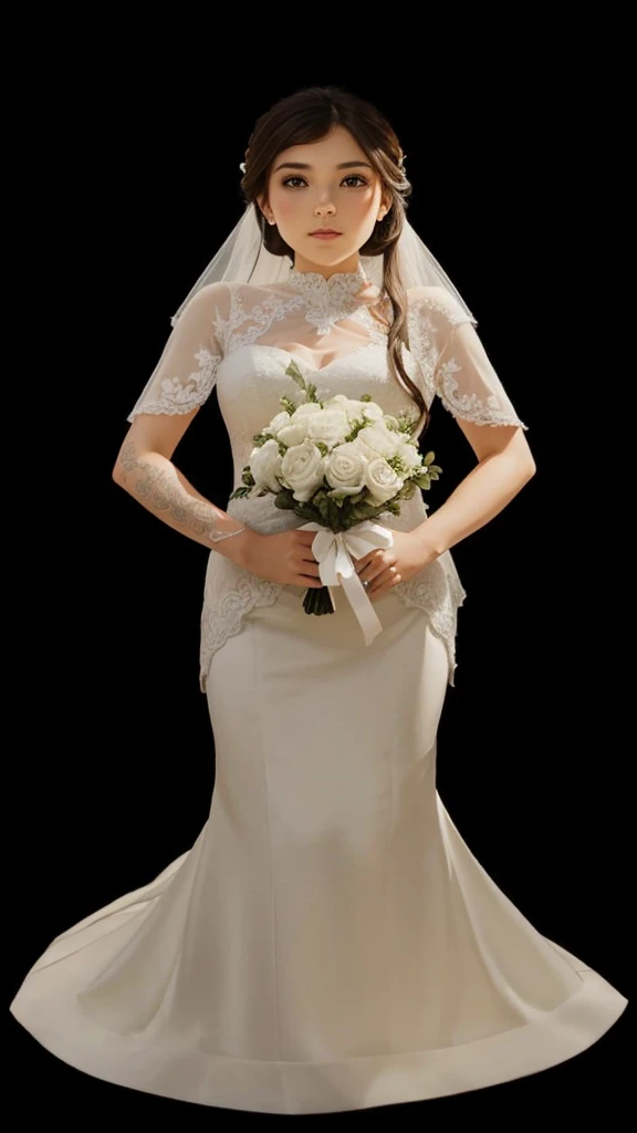 a beautiful girl, with bridal veil, and white wedding dress, with white bouquet of flowers in hand, with straight brown hair.