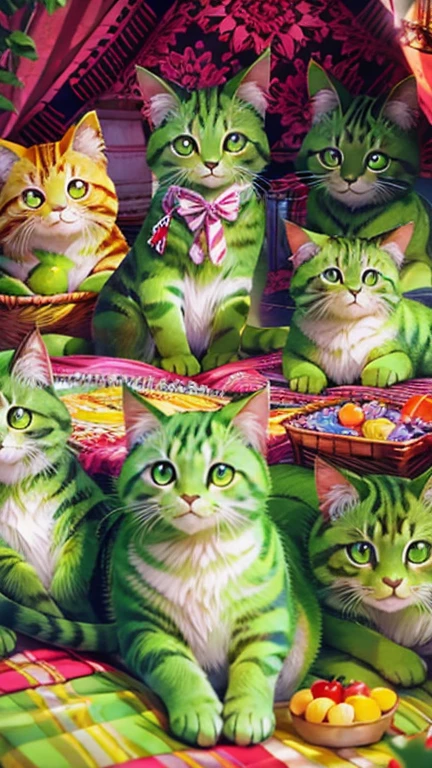 a group of cats sitting in a circle on a picnic blanket with magical circles, beautiful detailed eyes, beautiful detailed lips, extremely detailed eyes and face, long eyelashes, best quality, 8k, highres, masterpiece:1.2, ultra-detailed, HDR, UHD, studio lighting, ultra-fine painting, sharp focus, physically-based rendering, extreme detail description, professional, vivid colors, bokeh, fantasy, digital painting, whimsical, warm lighting, lush, dreamlike