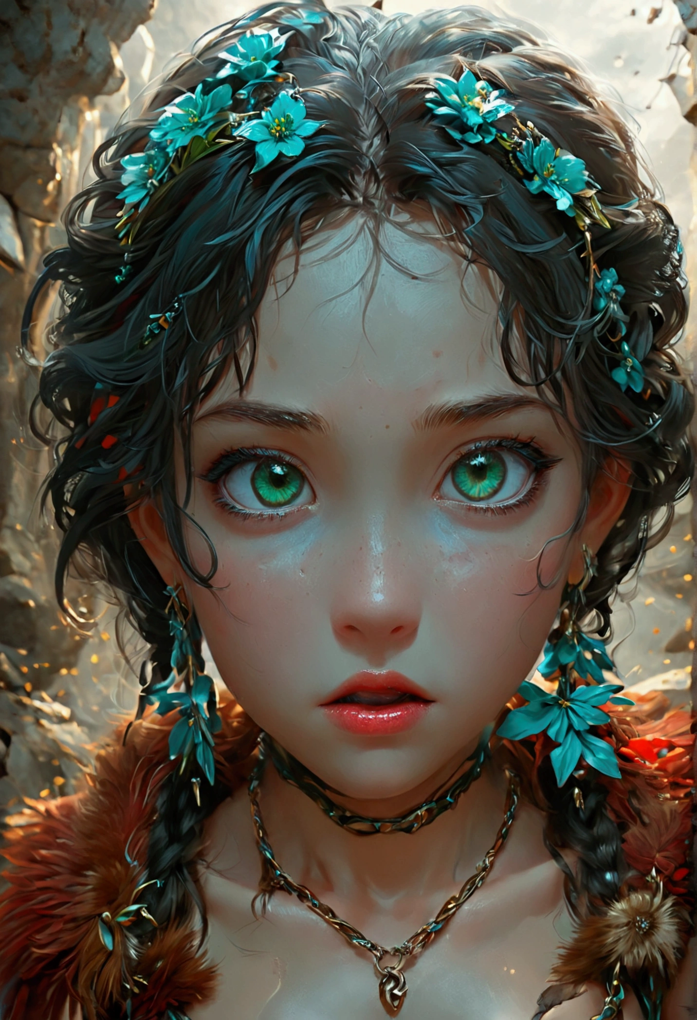 beautiful daughter of severus snape, 1,(1loli:1.5),13-year-old:1.5,teenager,tomboy,Libido girl,Female physiognomy,witch, (drack archer), little girl(((little girl, only,,1girl,female gender))), ((blackhair:1.5,short detailed hair,short dark hair with a braid,braid adorned with red flowers)),(((green_eyes:1.3))),intricate eyes,beautiful detailed eyes,symmetrical eyes,big eyes:1.5,child's chest,((girl body,a little chubby,good anatomy,accurate body proportions,detailed body for young girl:1.3,))), crying,(nsfw), (short turquoise mesh skirts),((brown wolf fur coat)),(bandages on his hands),(moon earrings),((turquoise panties with a wolf fur sarong brown)),(tiny bulge on panties),(ornamental bandages on his chest and arms),(((slave collar,Long chain leash connected to her collar,shackles))),(((torn clothes:1.5,intricate outfit,intricate clothes))), (dynamic pose:1.0),embarrassed,(centered,scale to fit dimensions,Rule of thirds), ((deep in the dark cave)),scenery:1.25,((intricate scenery)),((deep dark cave in the background)), (Glossy tribal ornaments),highres,sharp focus,(ultra detailed,extremely detailed),(photorealistic artwork:1.37),(extremely detailed CG unity 8k wallpaper),(((vibrant colors,vibrant theme))),(intricate),(masterpiece),(best quality),artistic photography,(photography taken by sldr),(intricate background),perfect rendered face,perfect face details,realistic face,photo realistic,((intricate detail)),(((realism))),

