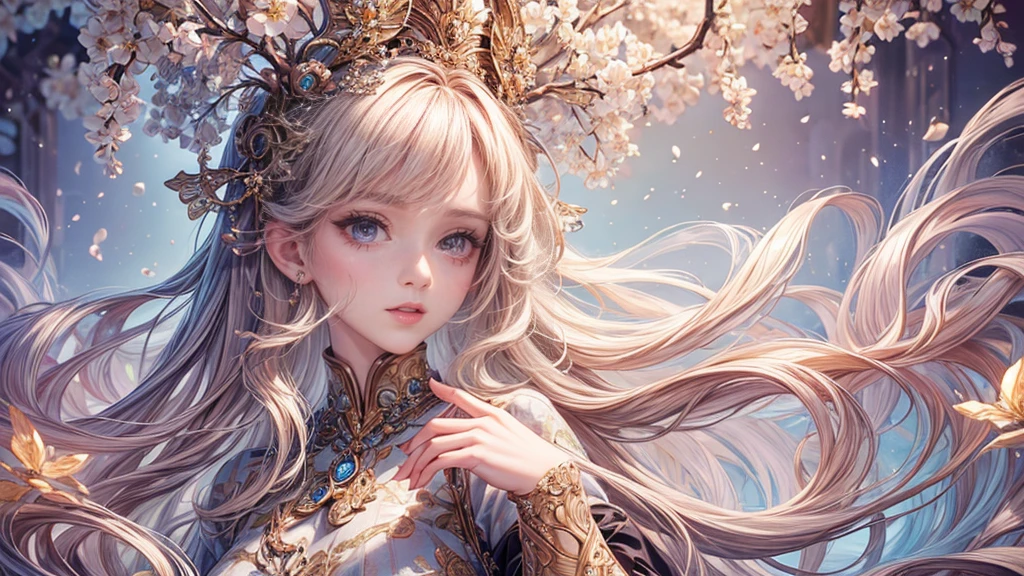 (best quality,8K,CG),detailed upper body, girl,floral forest background,complex facial features,elegant long curly hair,almond-shaped big eyes,detailed eye makeup,long eyelashes,twinkling stars,exquisite lip details,soft and harmonious style.