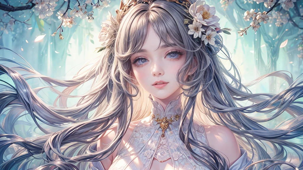 (best quality,8K,CG),detailed upper body, girl,floral forest background,complex facial features,elegant long curly hair,almond-shaped big eyes,detailed eye makeup,long eyelashes,twinkling stars,exquisite lip details,soft and harmonious style.