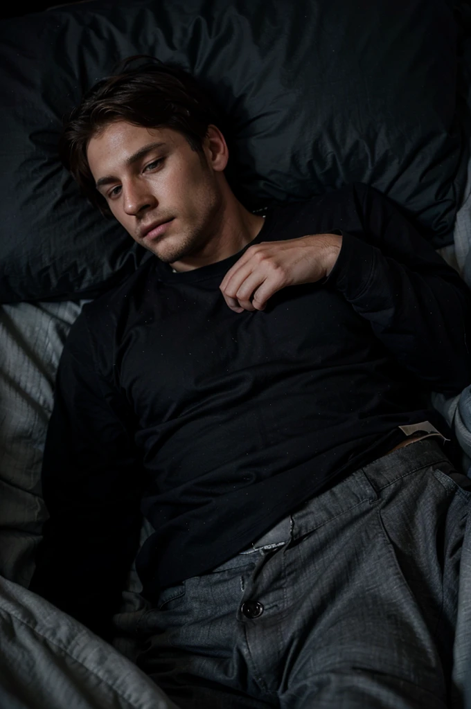 A BillMatheson man laying in the bed under the blanket, dark romantic atmosphere, wearing pants