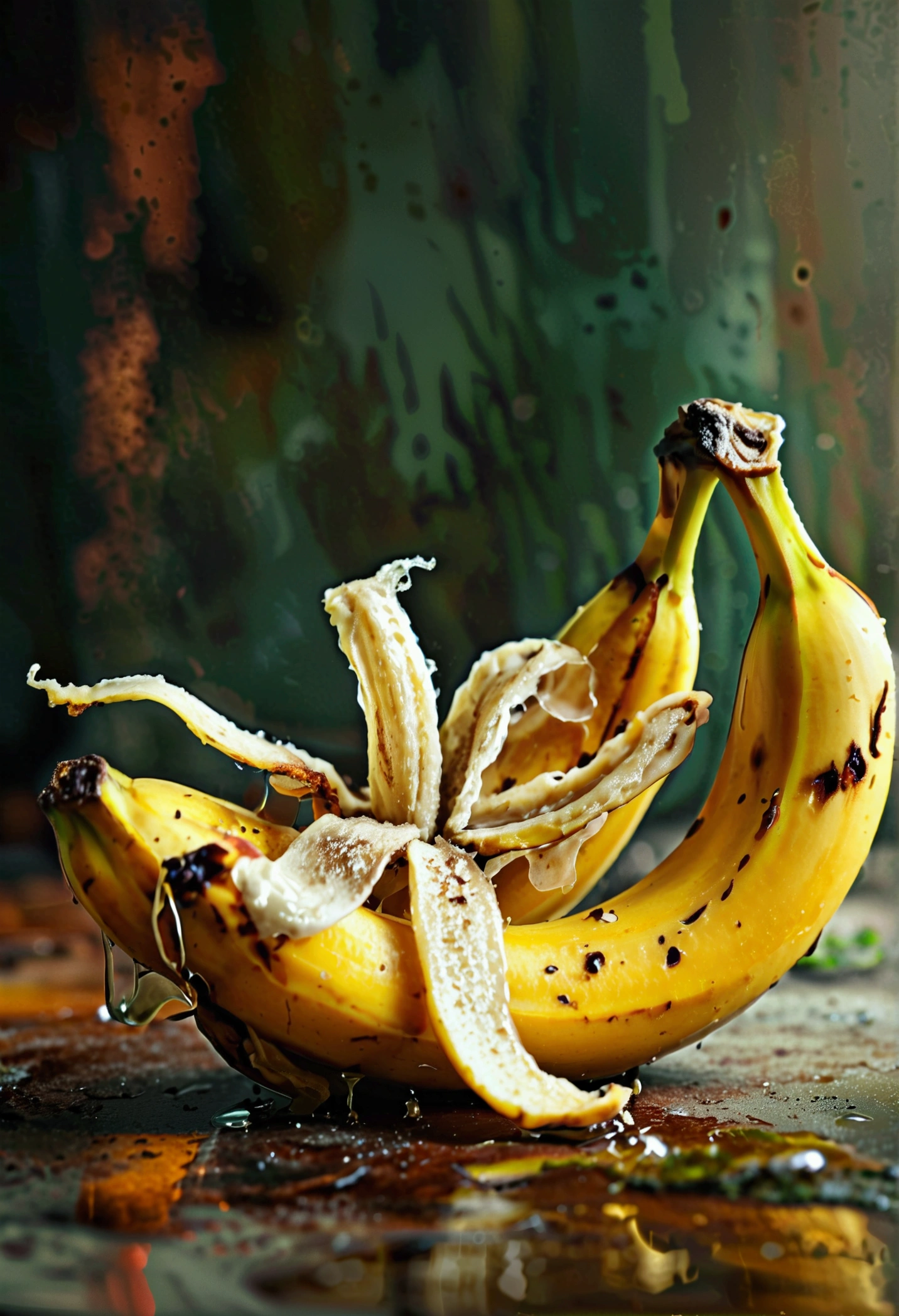 rotten banana, decaying fruit, twisted stem, brown spots, overripe peel, mushy texture, dripping juice, oozing decay, ambient lighting, moody atmosphere, dark and grungy, cinematic lighting, chiaroscuro effect, vibrant colors, complementary tones, striking contrast, photorealistic, (best quality,4k,8k,highres,masterpiece:1.2),ultra-detailed,(realistic,photorealistic,photo-realistic:1.37)