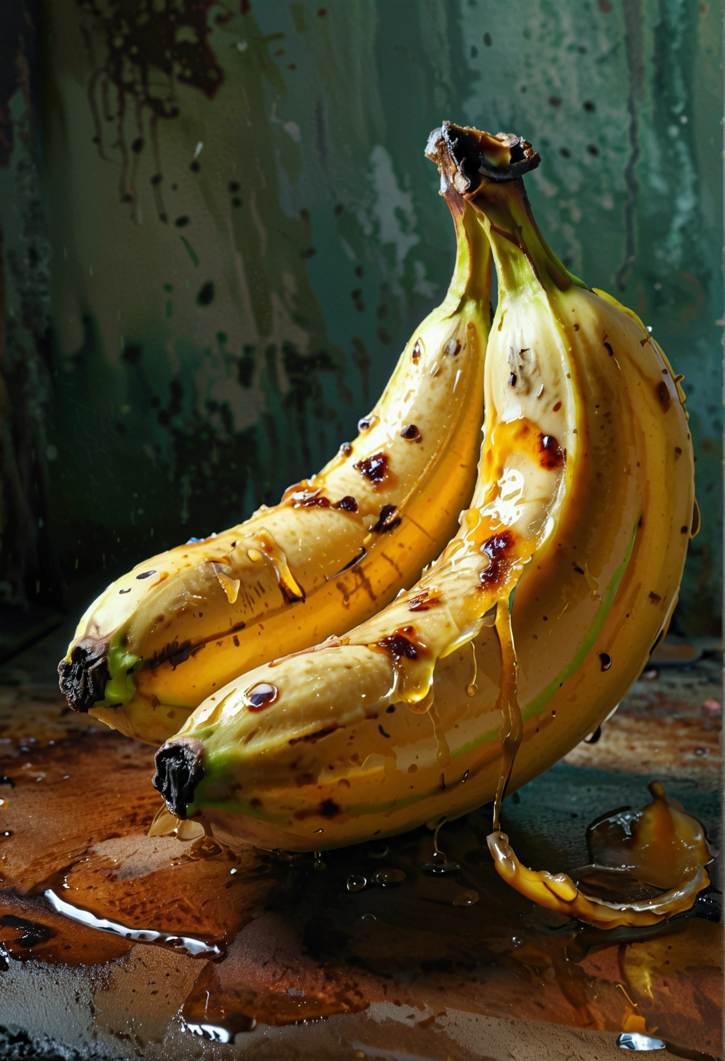 rotten banana, decaying fruit, twisted stem, brown spots, overripe peel, mushy texture, dripping juice, oozing decay, ambient lighting, moody atmosphere, dark and grungy, cinematic lighting, chiaroscuro effect, vibrant colors, complementary tones, striking contrast, photorealistic, (best quality,4k,8k,highres,masterpiece:1.2),ultra-detailed,(realistic,photorealistic,photo-realistic:1.37)