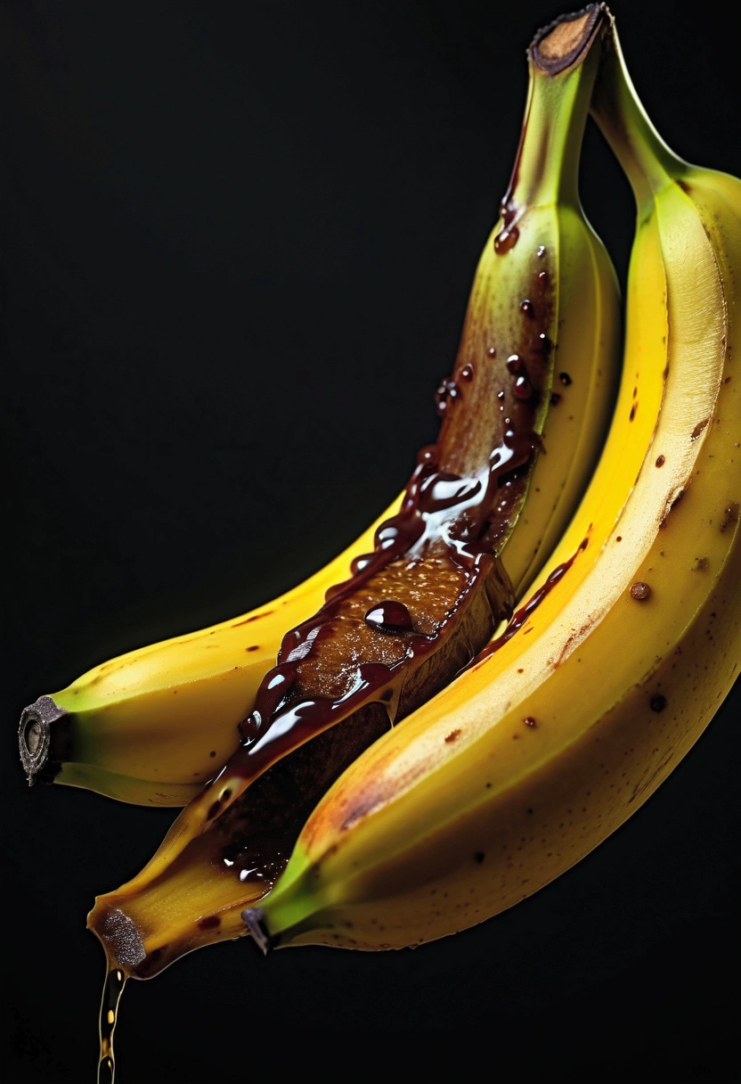 rotten banana, decaying fruit, twisted stem, brown spots, overripe peel, mushy texture, dripping juice, oozing decay, ambient lighting, moody atmosphere, dark and grungy, cinematic lighting, chiaroscuro effect, vibrant colors, complementary tones, striking contrast, photorealistic, (best quality,4k,8k,highres,masterpiece:1.2),ultra-detailed,(realistic,photorealistic,photo-realistic:1.37)