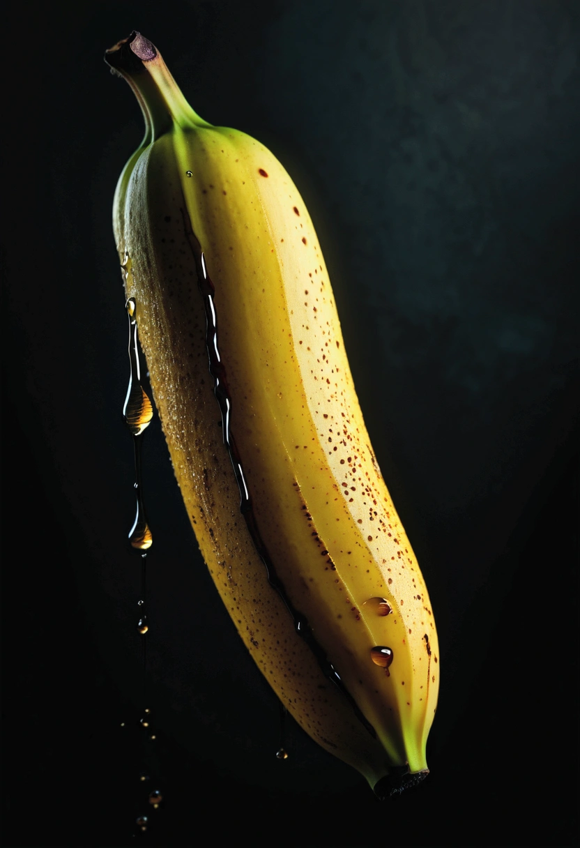 rotten banana, decaying fruit, twisted stem, brown spots, overripe peel, mushy texture, dripping juice, oozing decay, ambient lighting, moody atmosphere, dark and grungy, cinematic lighting, chiaroscuro effect, vibrant colors, complementary tones, striking contrast, photorealistic, (best quality,4k,8k,highres,masterpiece:1.2),ultra-detailed,(realistic,photorealistic,photo-realistic:1.37)