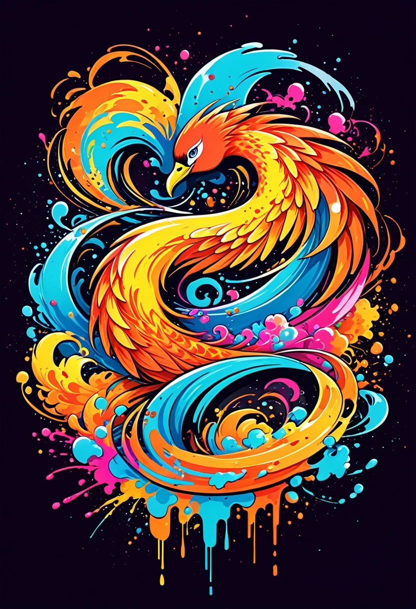 T-shirt logo with vector art, Colorful illustration with Phoenix, At the center, swirly vibrant colors，graffiti art，ink spatter，UHD quality, details in 16k, Wild and unbridled，ink wink painting，rich and colorful，visual impact,modern aesthetic,Elegant and simple, background with Hawaii island