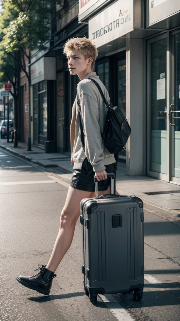 Cato with suitcase on the street 