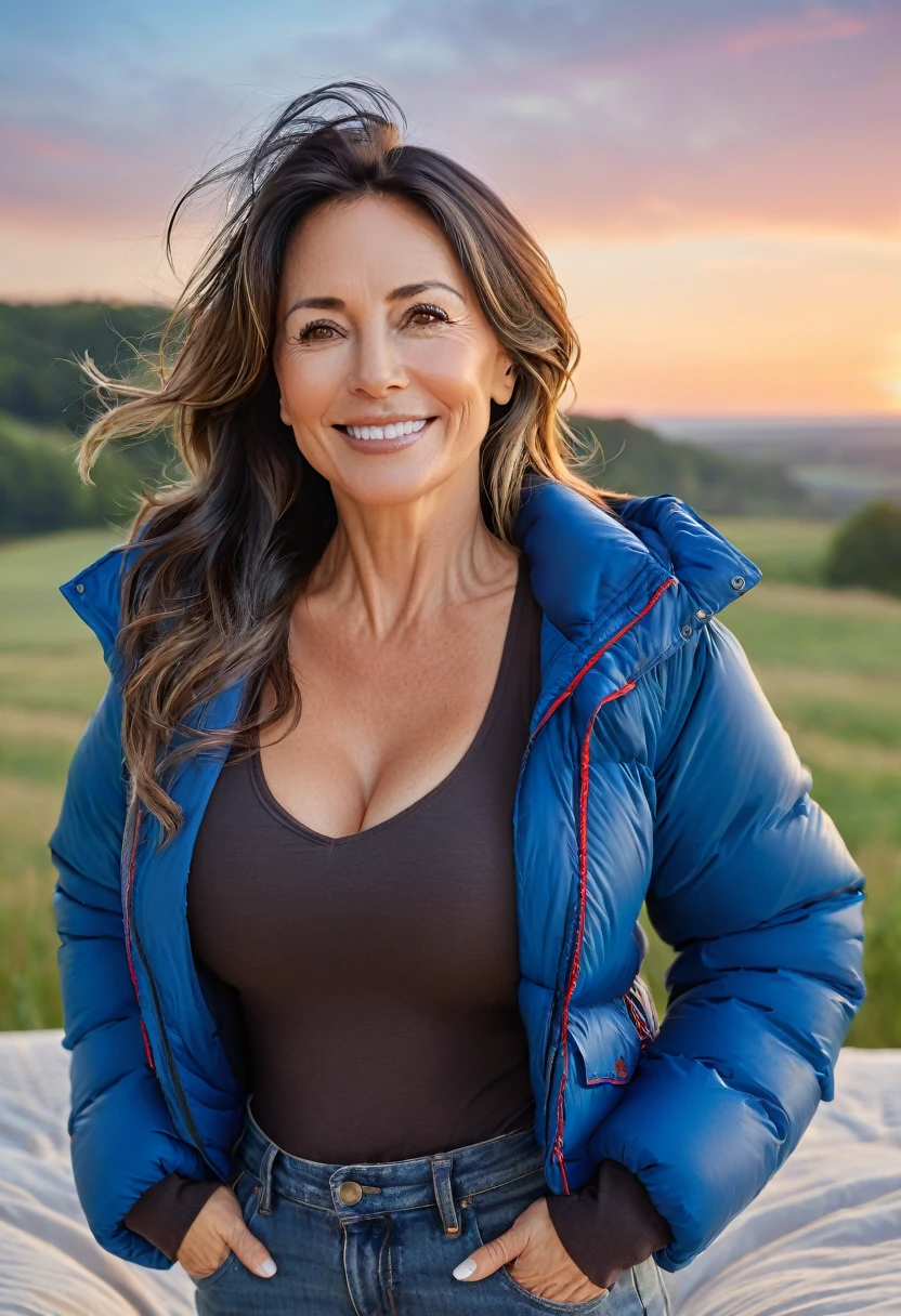 Mature woman of 45 years old full body with hair in a ponytail and dark layers falling on her face, medium size, beautiful face and perfect body, large and round sagging breasts, hands behind her head, smile, firm skin, standing in the bedroom posing for a photo, she is wearing a black goose down jacket and a large neckline. ,red jeans, view from behind. Mature beauty that leaves you speechless, perfect face and body, attractive, beautiful hair, beautiful milf, charming mature milf, beautiful 45 years old, beautiful milf with dark hair with blue highlights at the ends, beautiful detailed body and face, a beautiful milf, background of a waterfall in the middle of the open field, golden hour, beautiful sunset