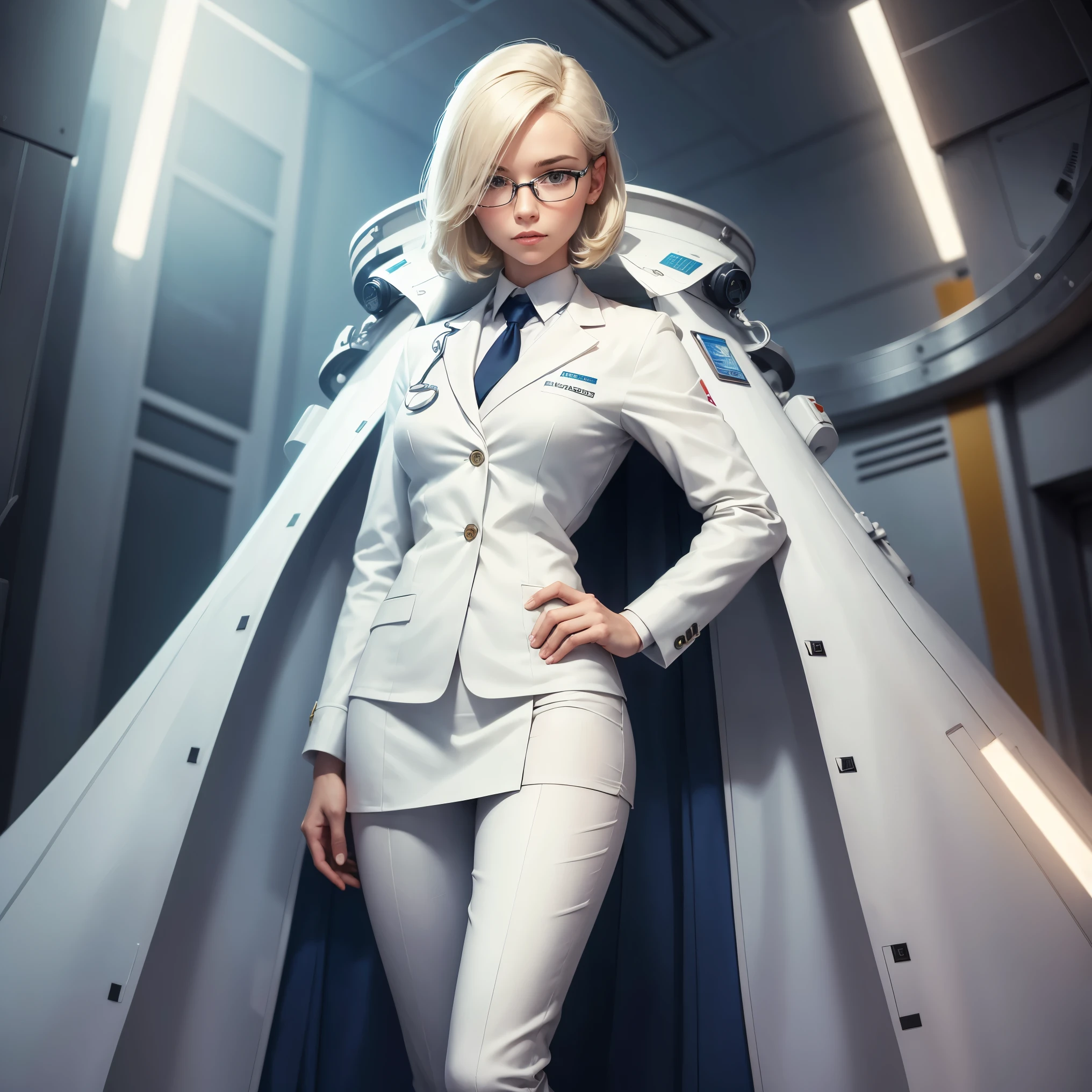 full body shot of young beautiful female scientist, (white doctor suit), (glasses: 0.9), (name badge: 0.8), fancy haircut, blond hair, sexy, (curious look), (calm pose),