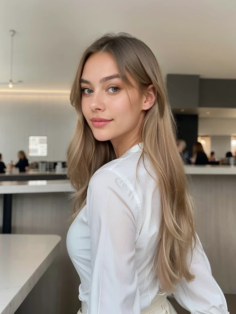 girl 20 years old, realistic photo taken on an iPhone, ultra-detailed, facial skin quality, perfect face, beautiful plump lips, slight smile, large gray eyes, long blond hair, dressed in a white blouse, elegant, in a cafe, blurred background from behind, high quality ultra detail, super realism, European appearance