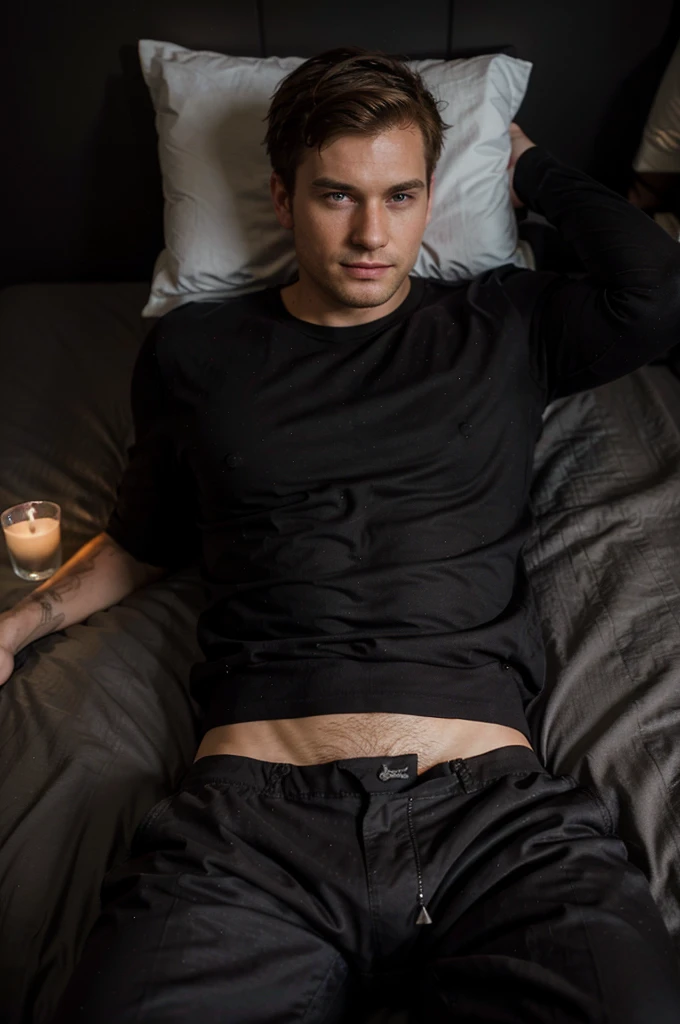 A BillMatheson man laying in the bed, smirk, dark romantic atmosphere, wearing only pants