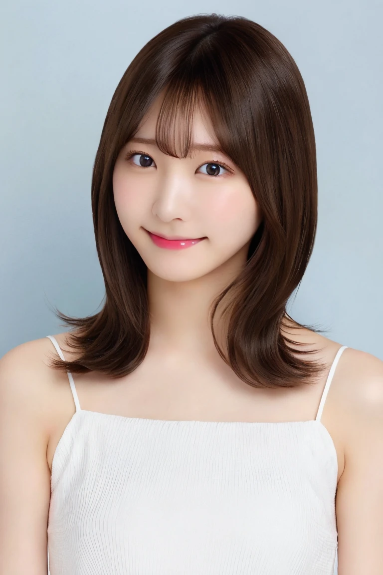 (8K.Highest quality), (beautiful)、Very delicate eyes、Brown eyes、22-year-old female、Brown Hair、Fine skin、Semi-short hair、Soft Breasts、bangs、smile、camisole