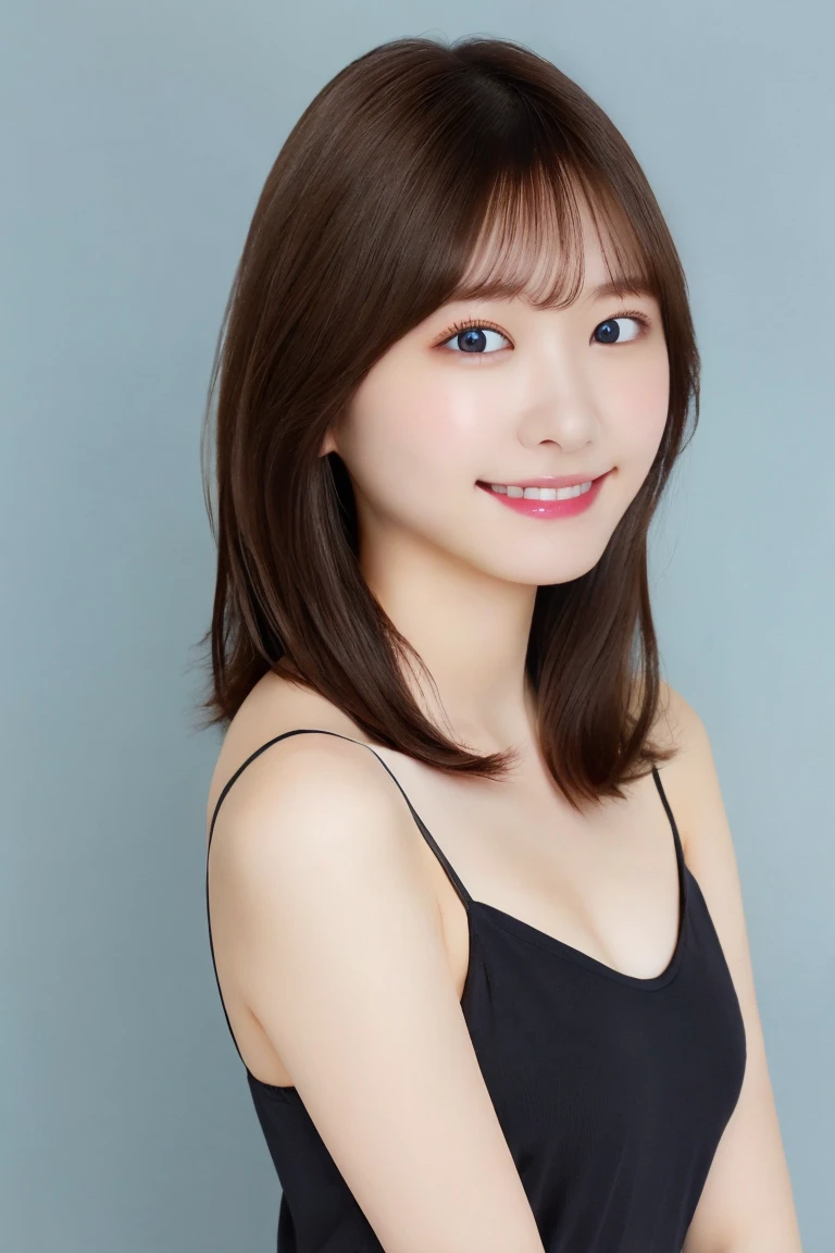 (8K.Highest quality), (beautiful)、Very delicate eyes、Brown eyes、22-year-old female、Brown Hair、Fine skin、Semi-short hair、Soft Breasts、bangs、smile、camisole