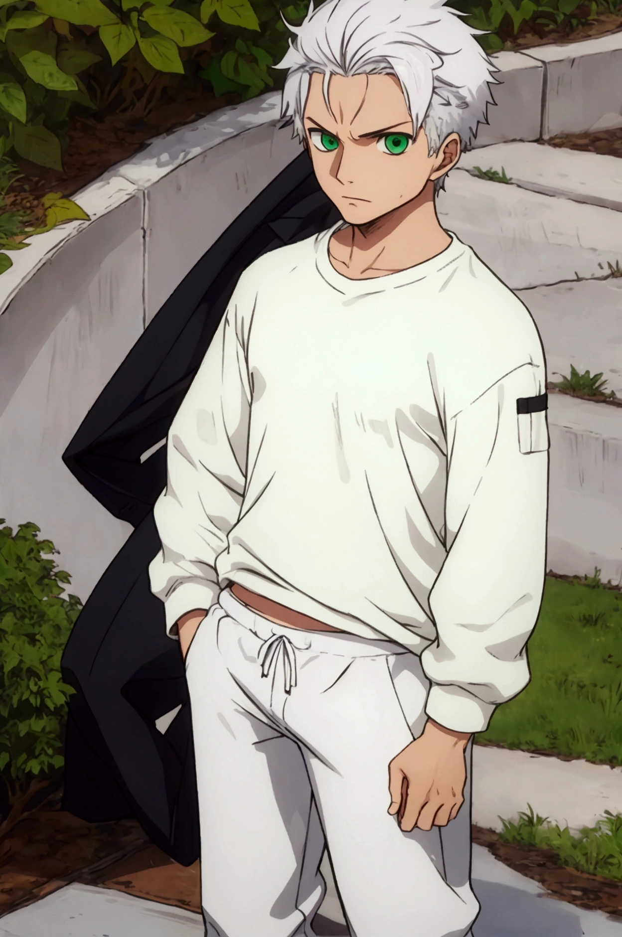 Boy white hair green eyes long sleeve sports pants sports pants