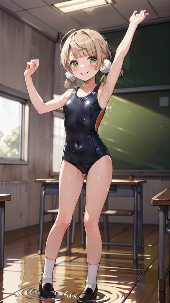 ,masterpiece, highest quality, High resolution, UI2, One girl, alone, Green Eyes, alone, Low twin tails, Pom-pom \(Clothes\), (Black swimsuit with white lines),Swimwear that sticks to the body，socks，loafers，Cowboy Shots, Put one hand on your hip，upright,( Open your legs)，classroom, machine, Put your hands on the table, smile, blush，Show your armpits, Raise your arms，Waterlogged，Wet，