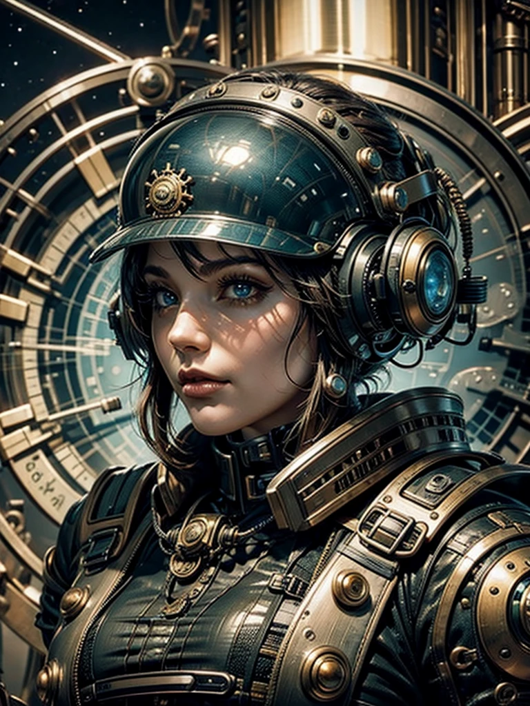 Detailing imagevof a steampunk futuristic military girl while in a planetary colony faces surreal aliens
