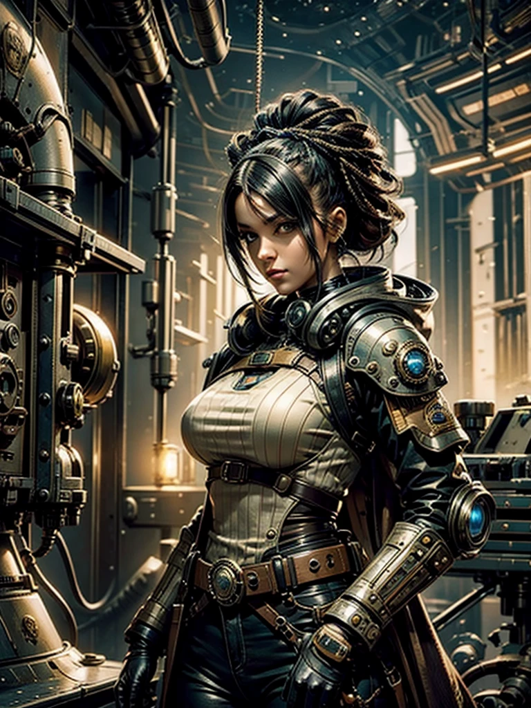 Detailing imagevof a steampunk futuristic military girl while in a planetary colony faces surreal aliens