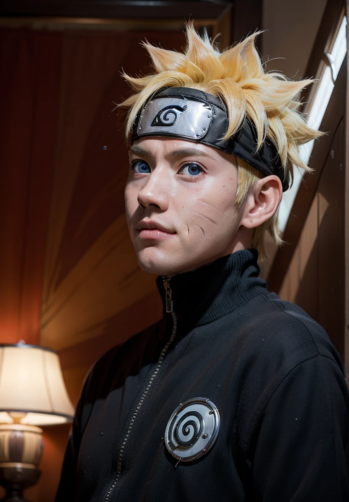 uzumaki naruto, One boy, Male Focus, masterpiece, Highest quality, (Portraiture, close), Looking at the audience, Shadow and Light, Blurred foreground, Symbol of Konohagakure, indoor, Water Drop, Red eyes, black sclera, On the bed, Cold bloodthirsty smile,
