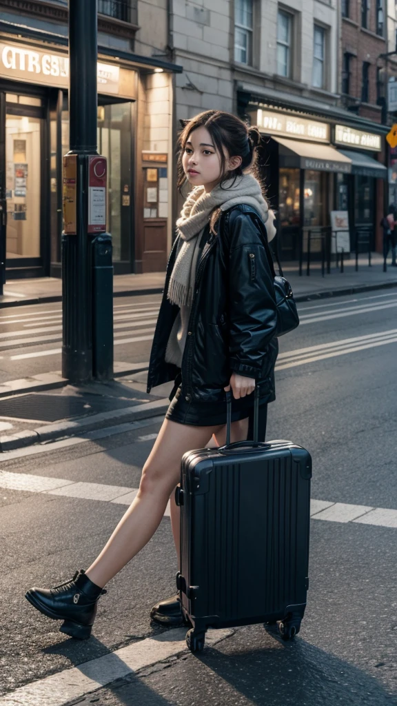 Cat with suitcase on the street