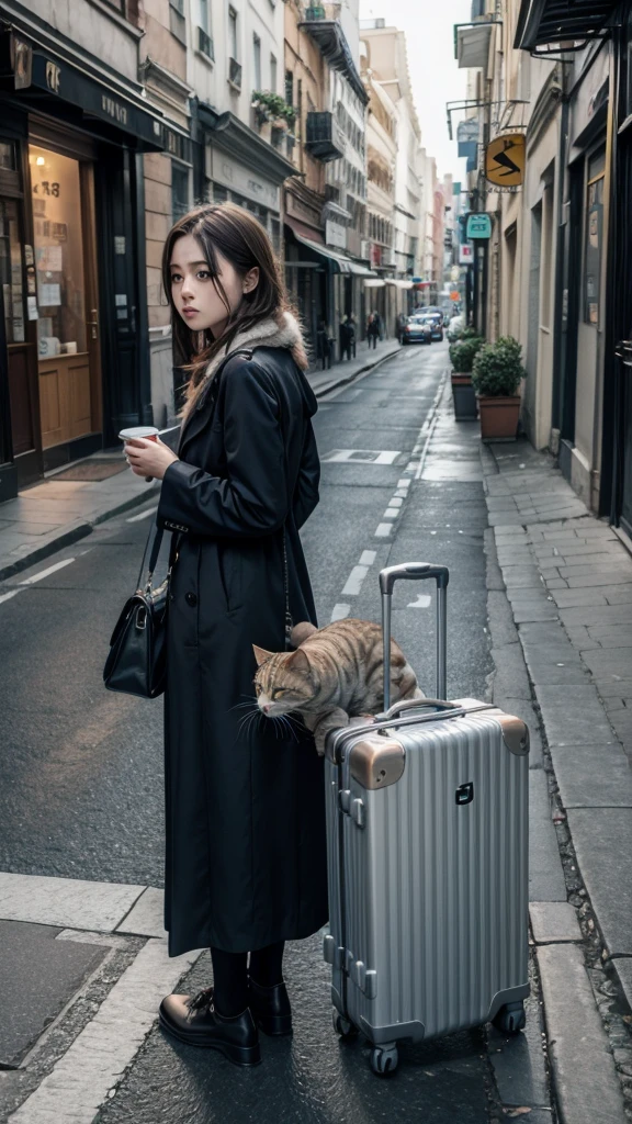 Cat with suitcase on the street