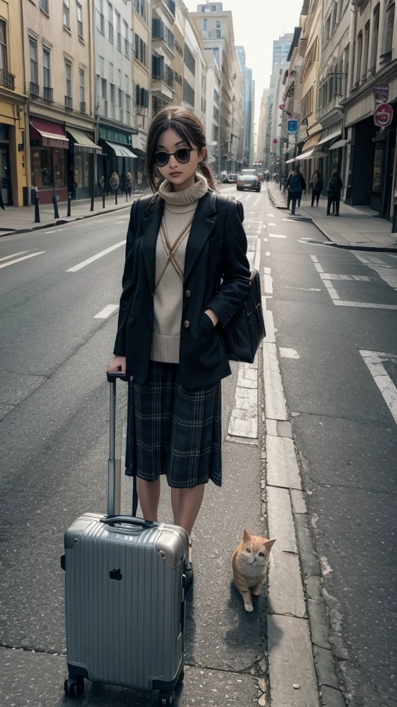 Cat with suitcase on the street 