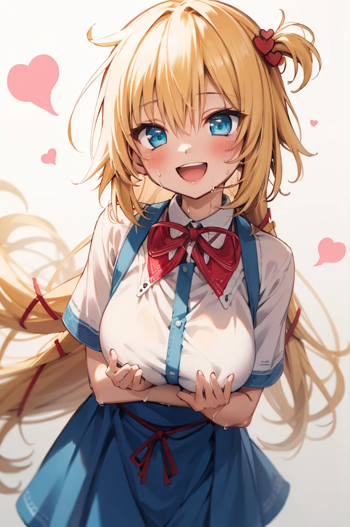 masterpiece, akai haato, hololive, 1girl, bangs, blonde hair, blue eyes, blush,huge breasts, collared shirt, hair between eyes, hair ornament,heart, heart hair ornament, long hair, , neck ribbon, one side up, red ribbon, ribbon, shirt, short sleeves, sidelocks, simple background, smile, solo, sparkle, virtual youtuber, white background, white shirt, cowboy shot, :d, blue skirt,v,waving,blush,sweating,,closed mouth