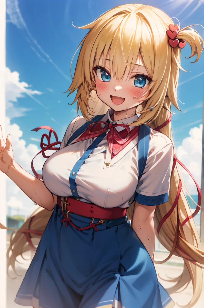 masterpiece, akai haato, hololive, 1girl, bangs, blonde hair, blue eyes, blush,huge breasts, collared shirt, hair between eyes, hair ornament,heart, heart hair ornament, long hair, , neck ribbon, one side up, red ribbon, ribbon, shirt, short sleeves, sidelocks, simple background, smile, solo, sparkle, virtual youtuber, white background, white shirt, cowboy shot, :d, blue skirt,v,waving,blush,sweating,,closed mouth