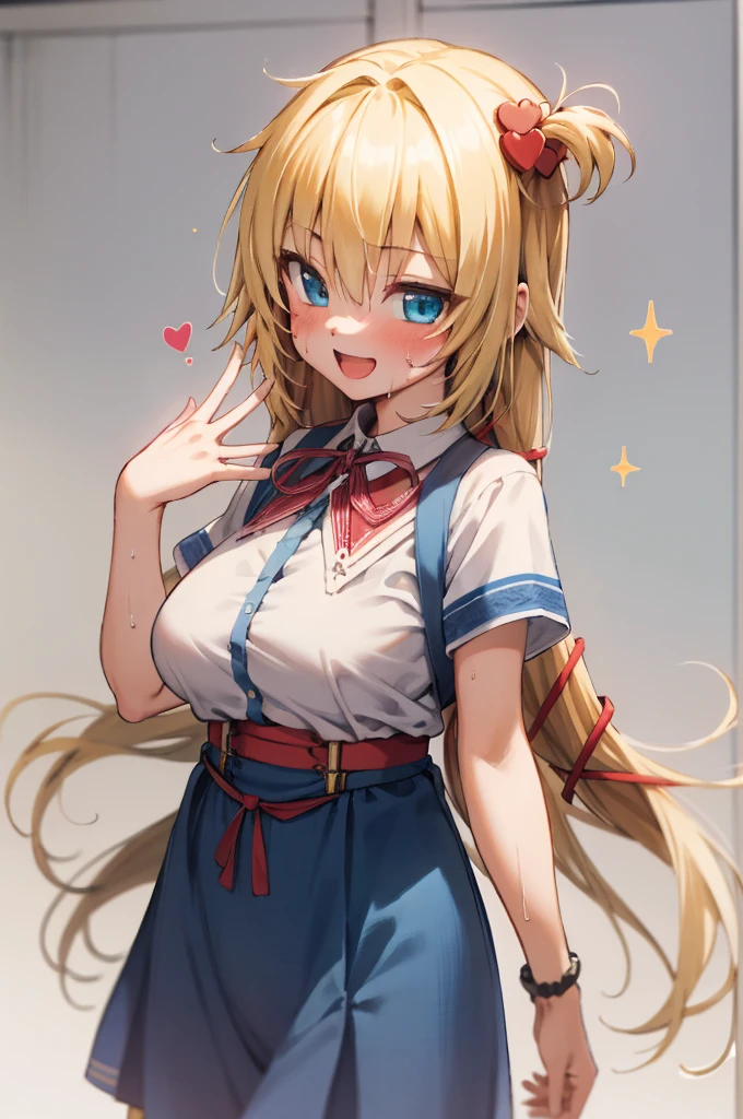 masterpiece, akai haato, hololive, 1girl, bangs, blonde hair, blue eyes, blush,huge breasts, collared shirt, hair between eyes, hair ornament,heart, heart hair ornament, long hair, , neck ribbon, one side up, red ribbon, ribbon, shirt, short sleeves, sidelocks, simple background, smile, solo, sparkle, virtual youtuber, white background, white shirt, cowboy shot, :d, blue skirt,v,waving,blush,sweating,,closed mouth