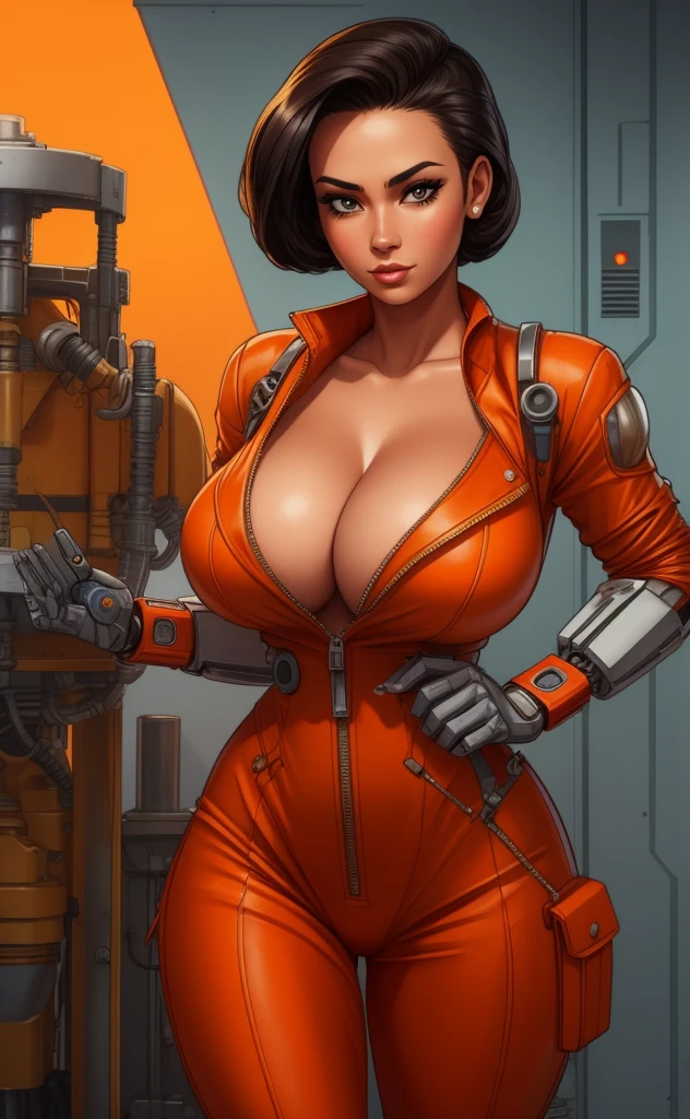 a beautiful Hawaiian woman, A gorgeous female mechanic in an atompunk style, with a blank background, wearing an unzipped orange jumpsuit revealing cleavage, featuring a mechanical hand and cybernetic augments, in a retro-futuristic setting with gunmetal grey tones,