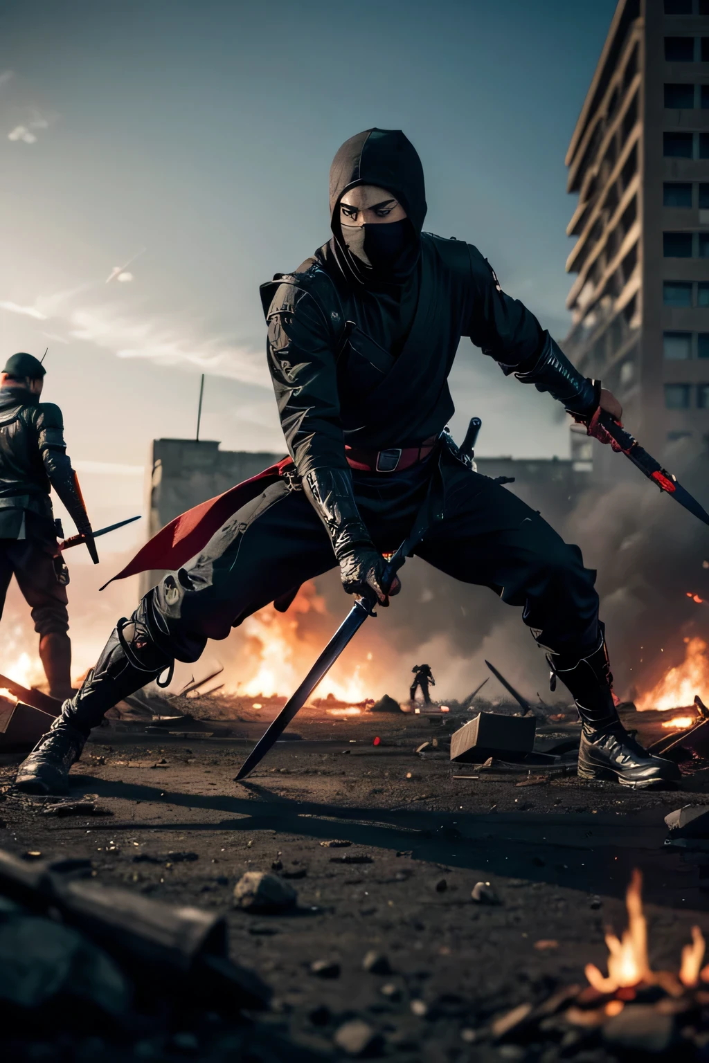ninja dressed in black and red, with sword, apocalyptic scene and several people on the ground