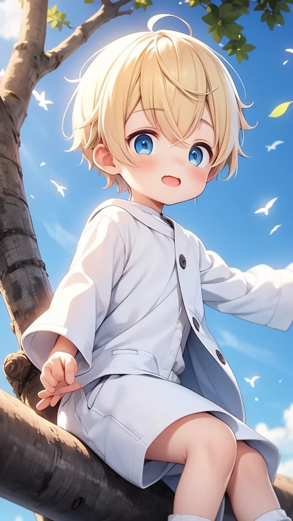 Beautiful cute  boy with yellow hair, blue eyes, he is wearing a white coat and white shorts He's on top of a tree 