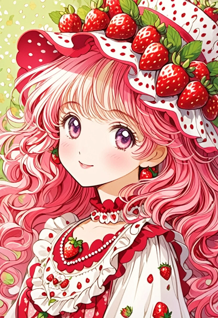 ""Create a detailed close-up artwork of an older girl styled like Strawberry Shortcake. She should have bright, playful hair styled in loose curls, with a signature fruit-themed hat or hair accessory. Her dress should be colorful and charming, featuring a pattern of strawberries or other fruit motifs, with ruffled details and a full skirt. Her expression should be cheerful and sweet, capturing a sense of fun and whimsy. The background can be softly blurred or include hints of a vibrant, fruit-themed setting, complementing her delightful appearance."