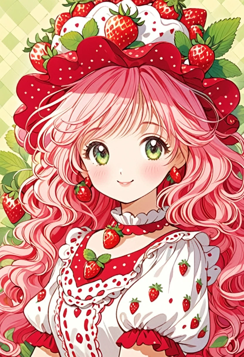 ""Create a detailed close-up artwork of an older girl styled like Strawberry Shortcake. She should have bright, playful hair styled in loose curls, with a signature fruit-themed hat or hair accessory. Her dress should be colorful and charming, featuring a pattern of strawberries or other fruit motifs, with ruffled details and a full skirt. Her expression should be cheerful and sweet, capturing a sense of fun and whimsy. The background can be softly blurred or include hints of a vibrant, fruit-themed setting, complementing her delightful appearance."