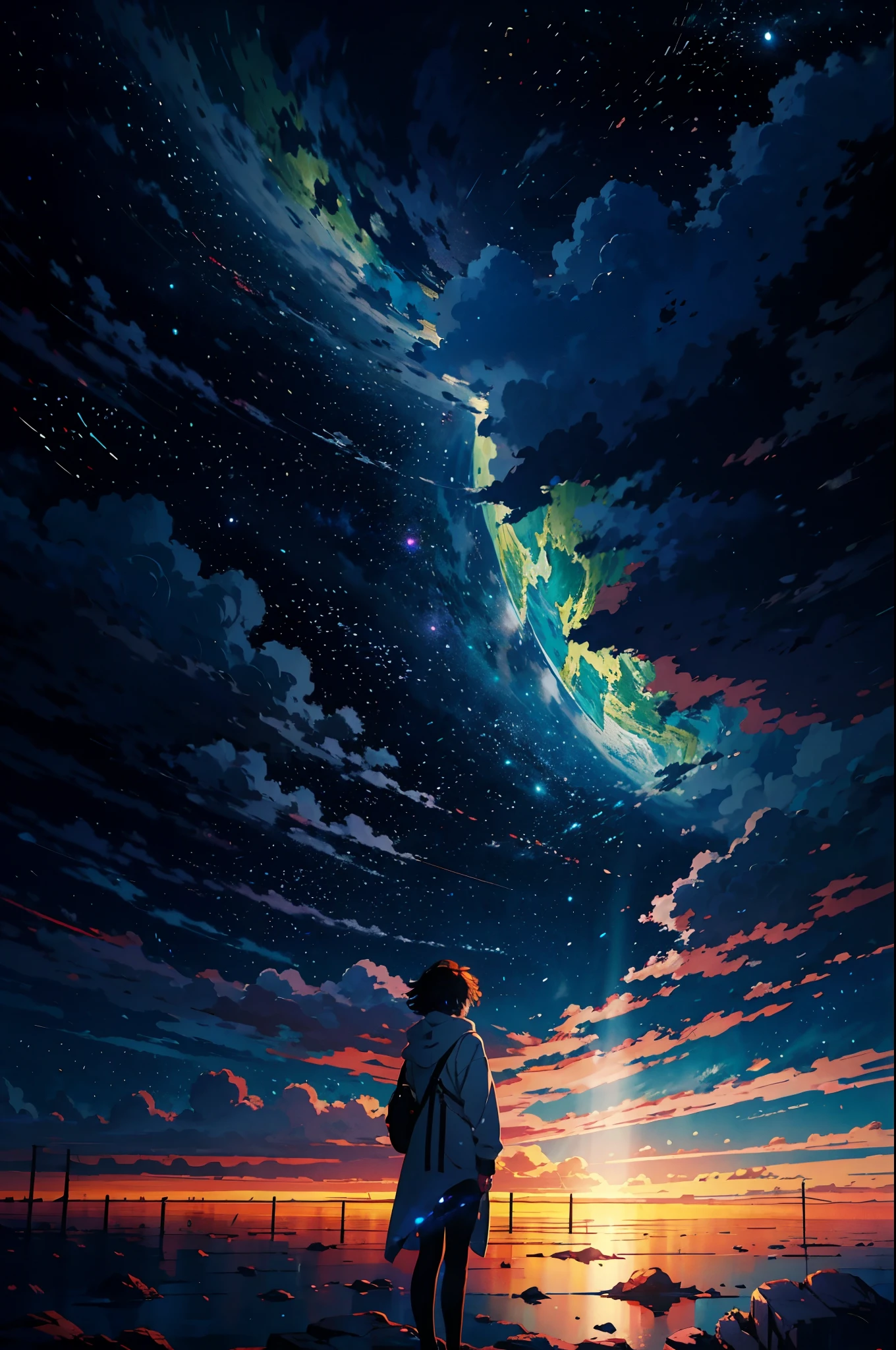 Anime girl standing on a rock looking at the star-filled sky, Makoto Shinkai Cyril Roland, anime art wallpaper 4k, anime art wallpaper 4k, Anime Art Wallpapers 8K, Space Sky. Por Makoto Shinkai, Inspired by Cyril Rolland, Not Dan Mumford-esque artwork., Amazing Paper Wallpaper, by Yuumei