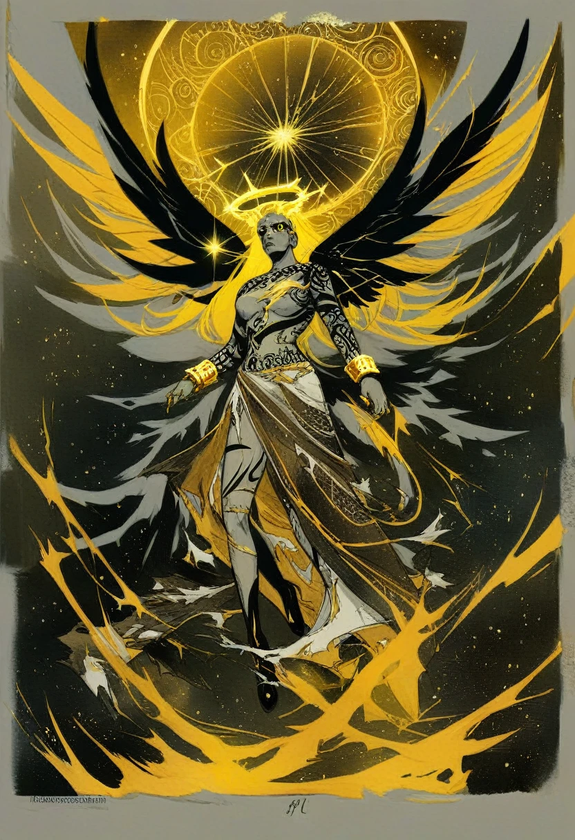score_9, score_8_up, score_7_up, score_6_up, score_5_up, score_4_up, rating_questionable, BREAK character art,  illustration, watercolour, comic art style, glowing hair, absurdly_long_hair, grey skin, gold nose_ring, glowing golden broken halo, black sclera, bracelets, wings, full body tattoo, levitating, arms_wide, sketch, limited_palette, torn_clothes, head wings, bodypaint, (art nouveau:0.5), galaxy, starry sky, 